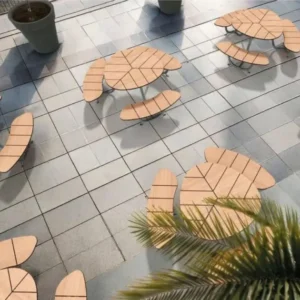 Table pique-nique ronde PMR compact effet chêne et acier