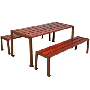 table pique nique en bois lasuré acajou et acier