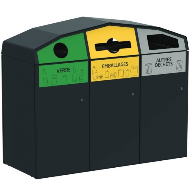 Borne de tri exterieur 3 flux avec 3 poubelles de rue Trirok